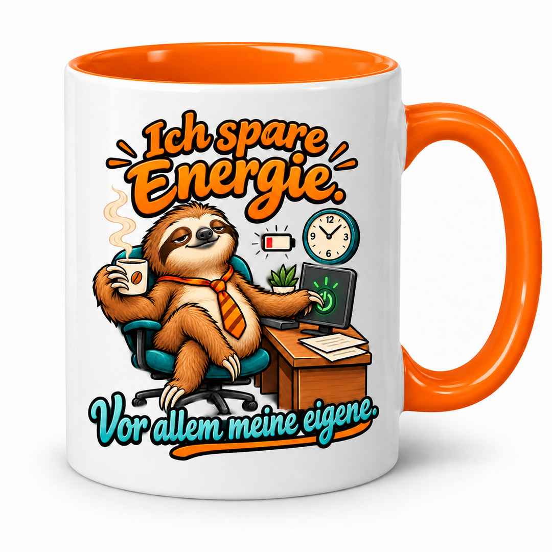 Faultier-Tasse in Orange – Ich spare Energie