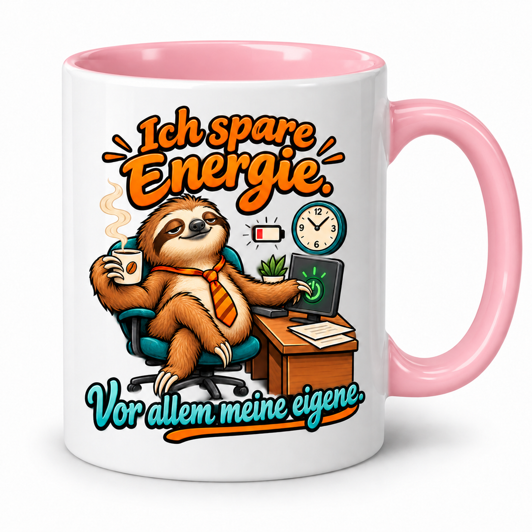 Faultier-Tasse in Rosa – Ich spare Energie