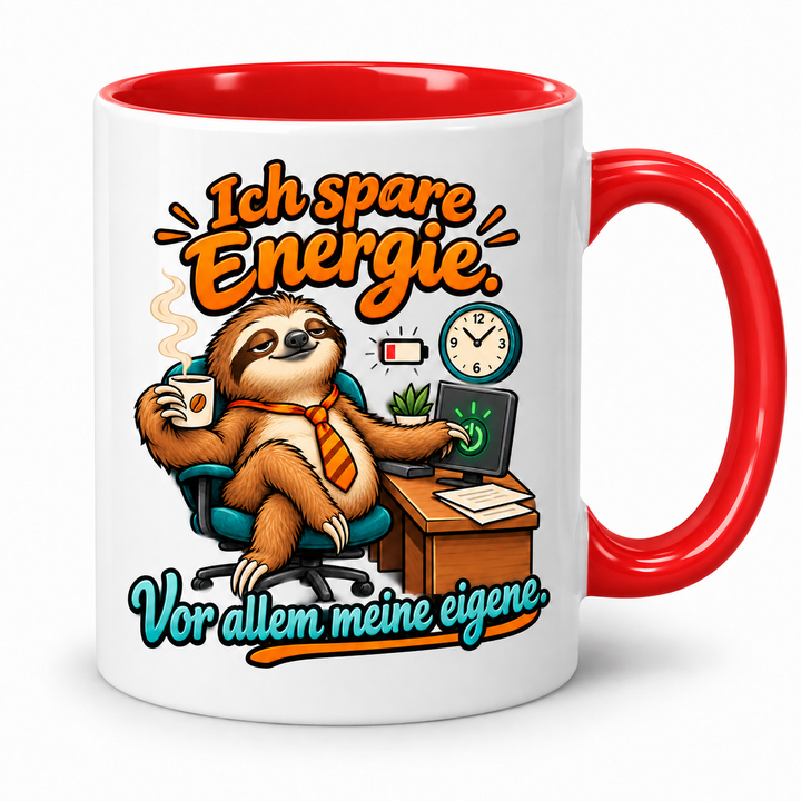 Faultier-Tasse in Rot – Ich spare Energie