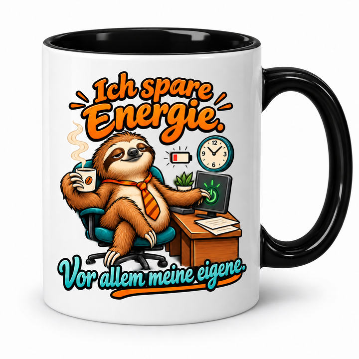 Faultier-Tasse in Schwarz – Ich spare Energie