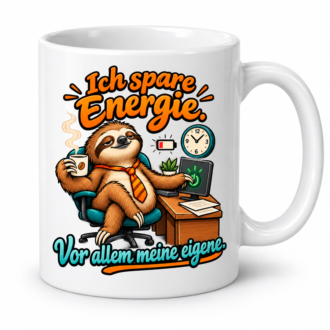 Faultier-Tasse in Weiß – Ich spare Energie