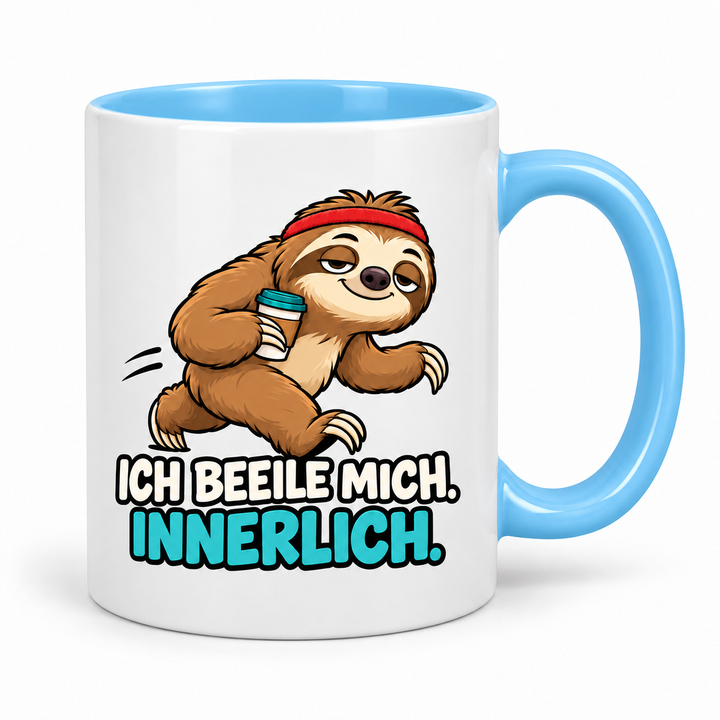 Lustige Faultier-Tasse in Hellblau – Ich beeile mich. Innerlich.