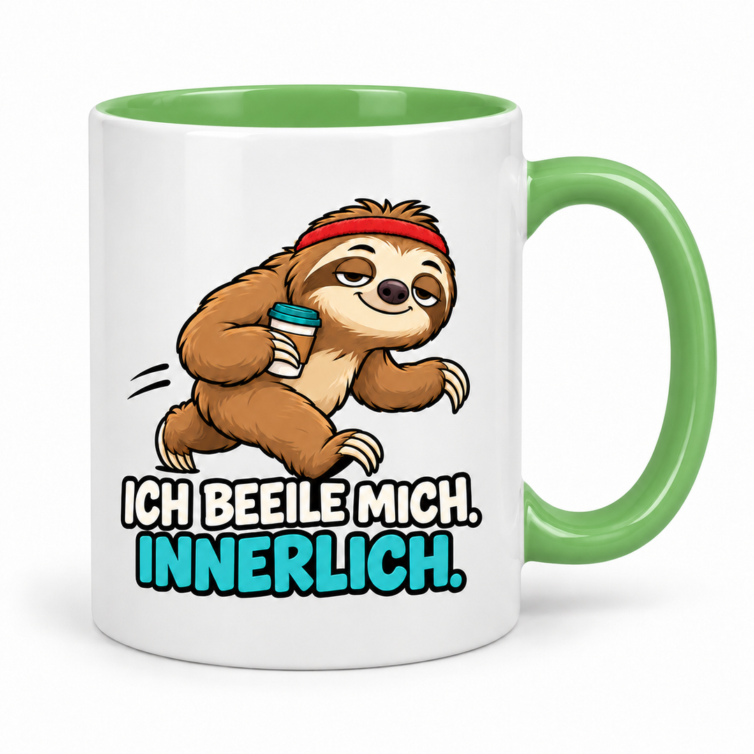 Lustige Faultier-Tasse in Hellgrün – Ich beeile mich. Innerlich.