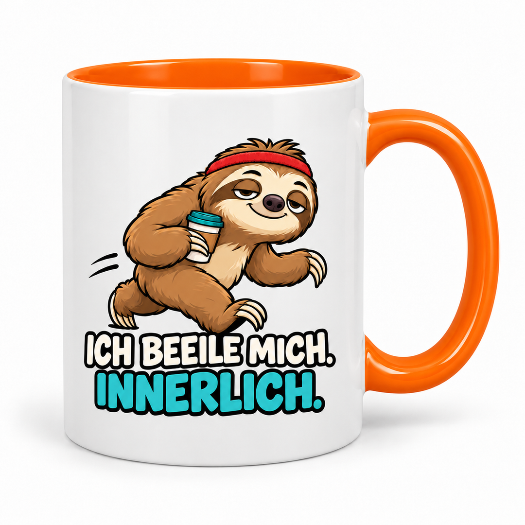 Lustige Faultier-Tasse in Orange – Ich beeile mich. Innerlich.