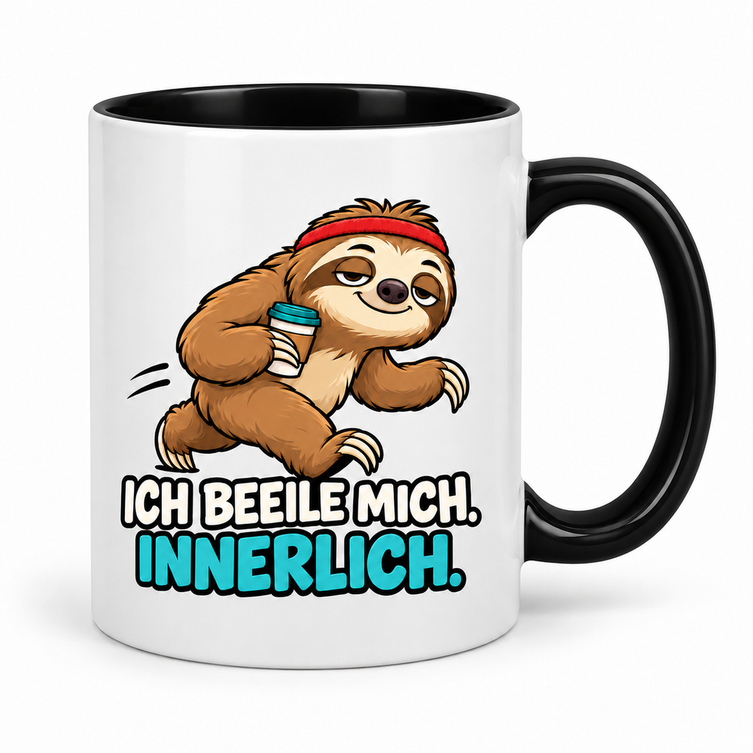 Lustige Faultier-Tasse in Schwarz – Ich beeile mich. Innerlich.