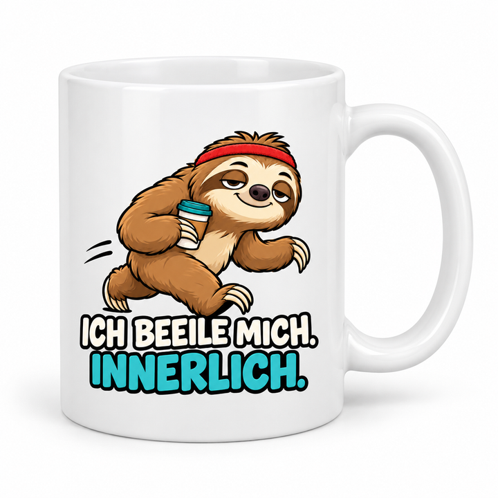 Lustige Faultier-Tasse in Weiß – Ich beeile mich. Innerlich.