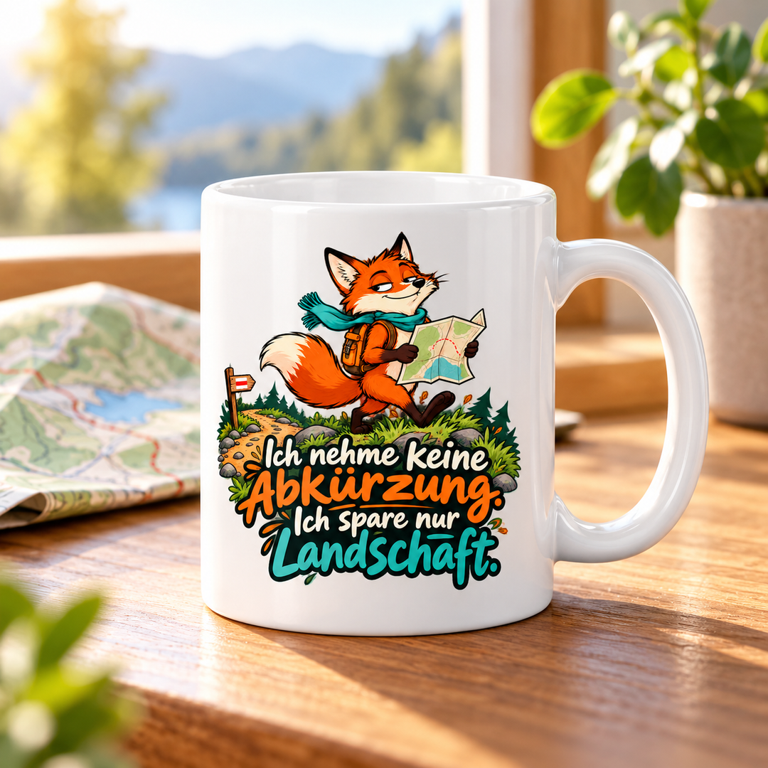 Lustige Fuchs-Tasse in moderner Wander-Lifestyle-Szene