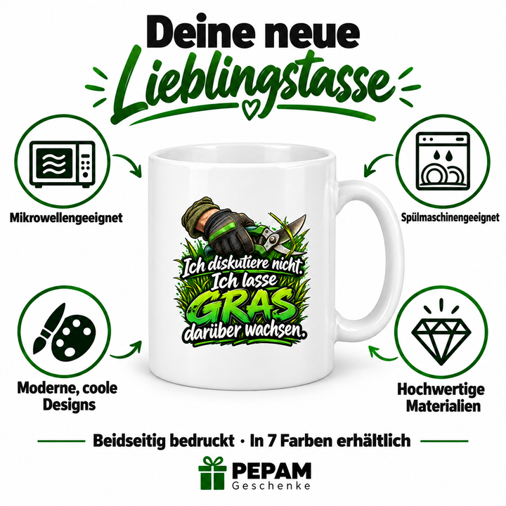 Gärtner-Tasse – Vorteile, beidseitiger Druck und 7 Farben