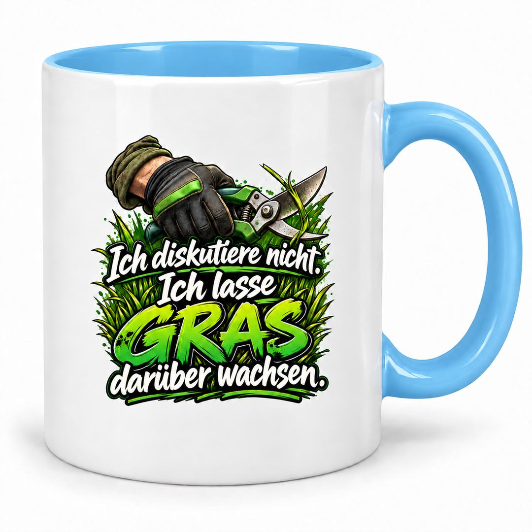 Gärtner-Tasse in Blau mit Spruch „Ich diskutiere nicht. Ich lasse Gras darüber wachsen.“