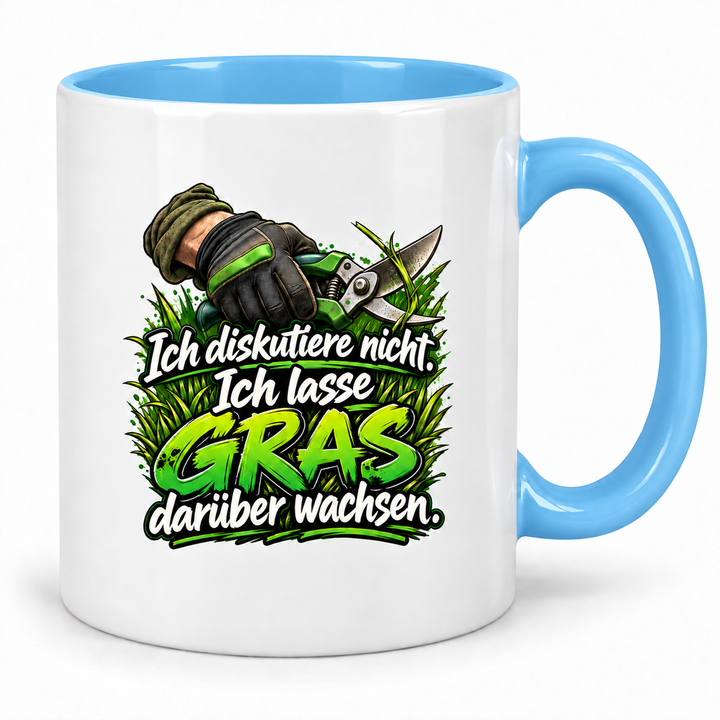 Gärtner-Tasse in Blau mit Spruch „Ich diskutiere nicht. Ich lasse Gras darüber wachsen.“