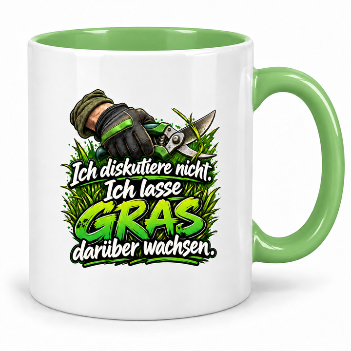 Gärtner-Tasse in Grün mit Spruch „Ich diskutiere nicht. Ich lasse Gras darüber wachsen.“