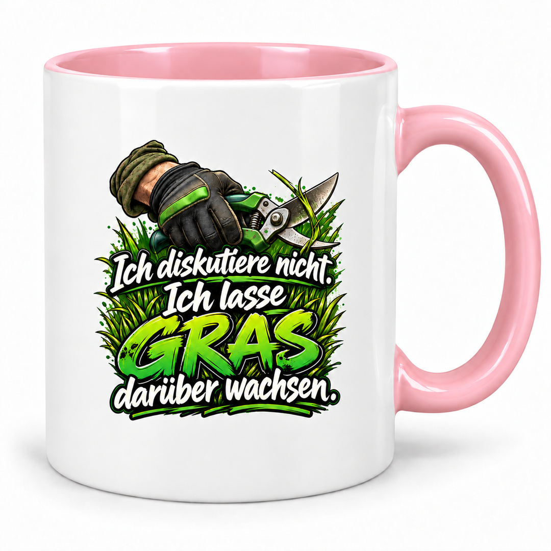 Gärtner-Tasse in Rosa mit Spruch „Ich diskutiere nicht. Ich lasse Gras darüber wachsen.“