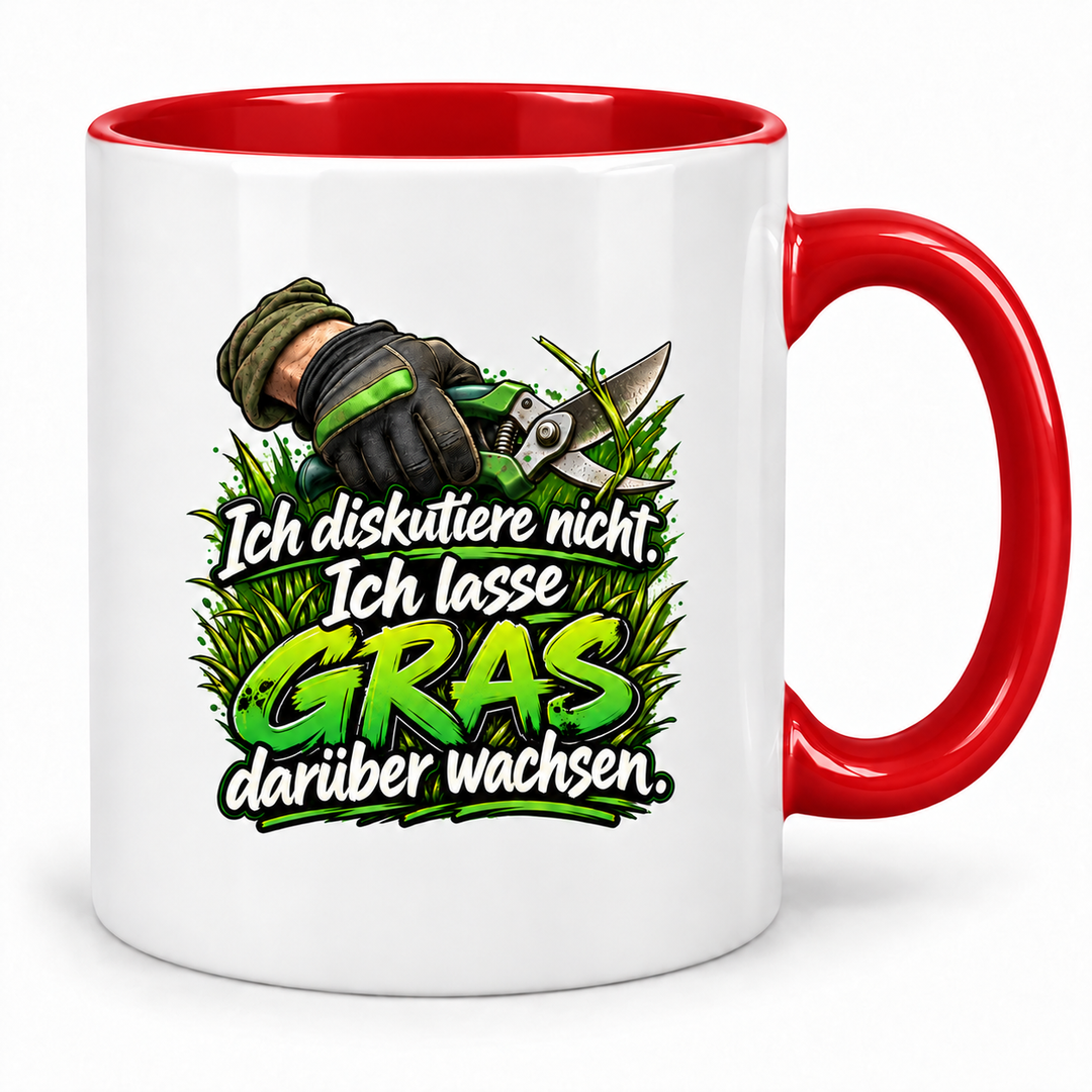 Gärtner-Tasse in Rot mit Spruch „Ich diskutiere nicht. Ich lasse Gras darüber wachsen.“