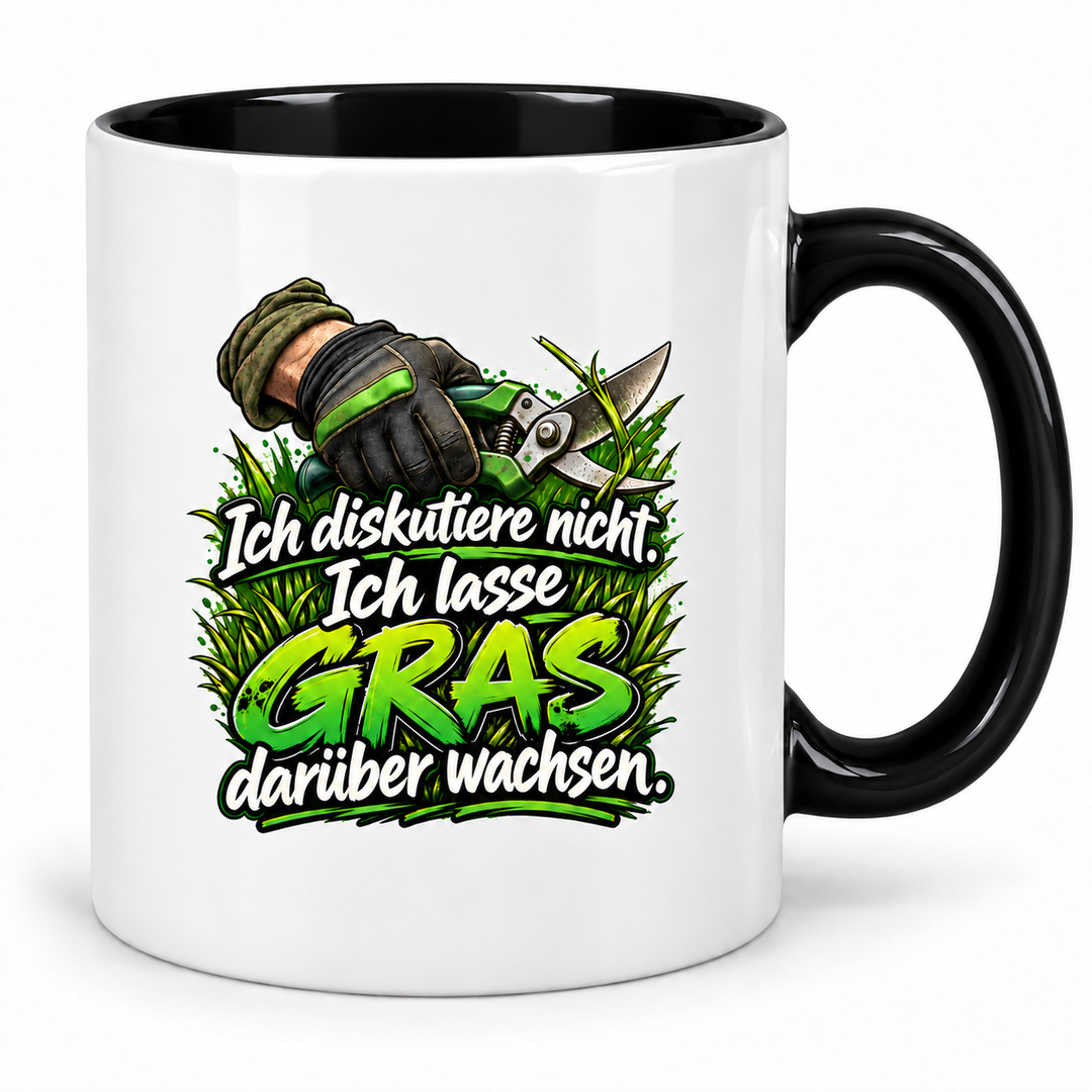 Gärtner-Tasse in Schwarz mit Spruch „Ich diskutiere nicht. Ich lasse Gras darüber wachsen.“