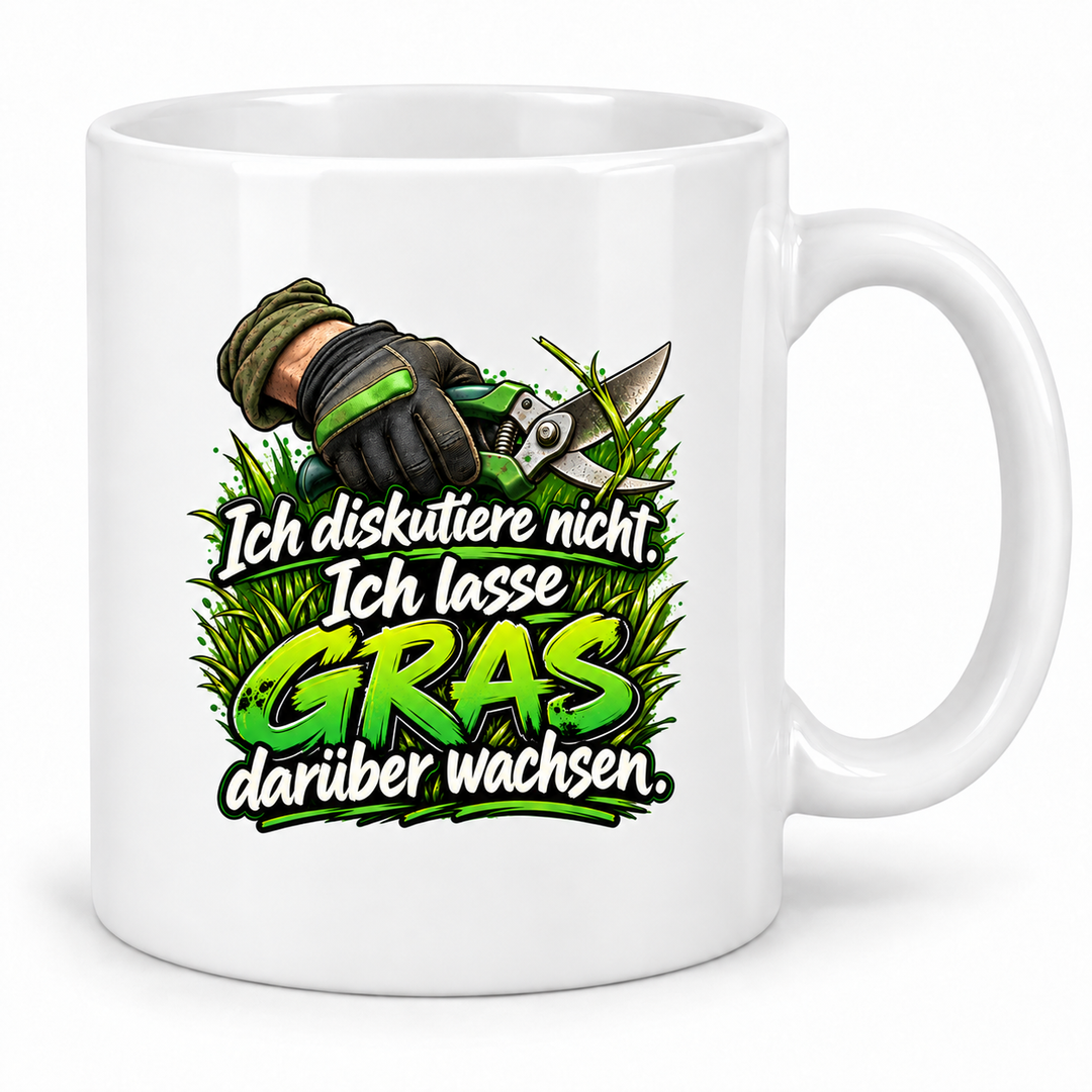 Gärtner-Tasse in Weiß mit Spruch „Ich diskutiere nicht. Ich lasse Gras darüber wachsen.“