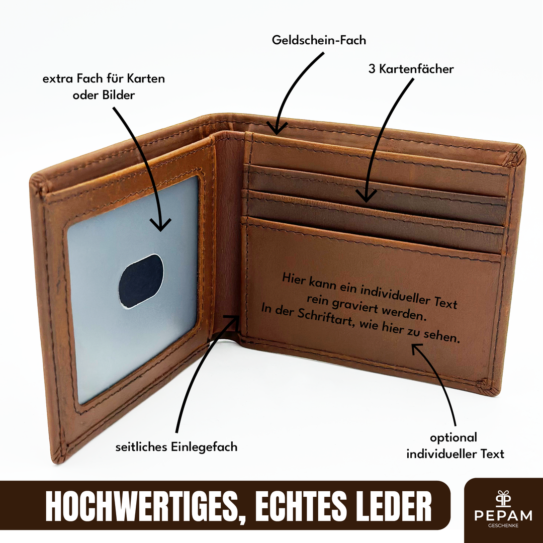 Personalisierter Geldbeutel aus Echtleder – Gravur mit Namen & 9 Motiven | Geschenk für Männer & Frauen