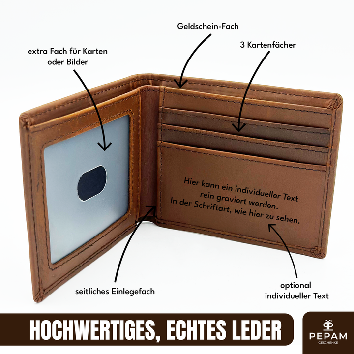 Personalisierter Geldbeutel aus Echtleder – Gravur mit Namen & 9 Motiven | Geschenk für Männer & Frauen