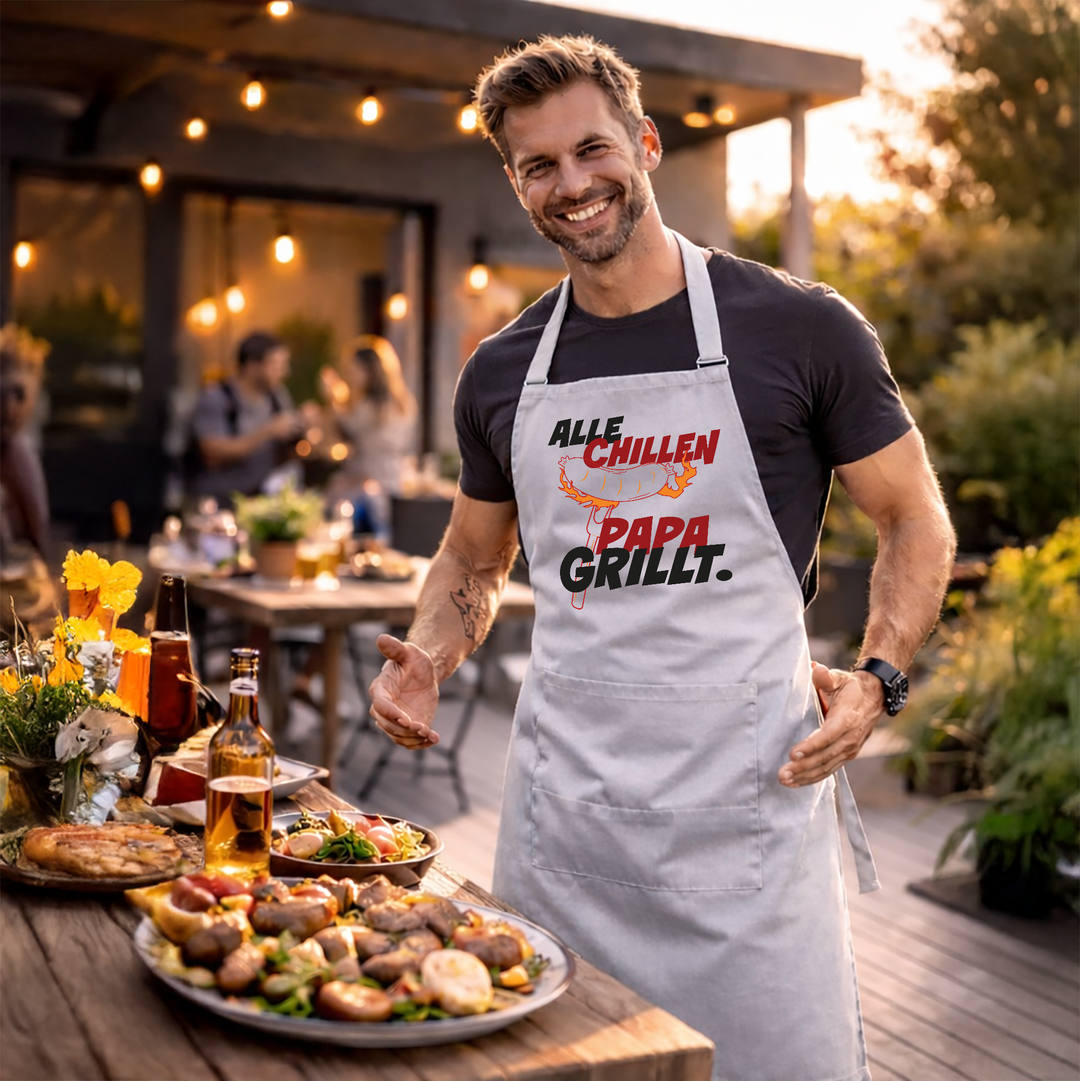 Grillschürze „Alle chillen, Papa grillt“ – Lustige Kochschürze für Männer | Perfektes Geschenk für Vatertag & BBQ