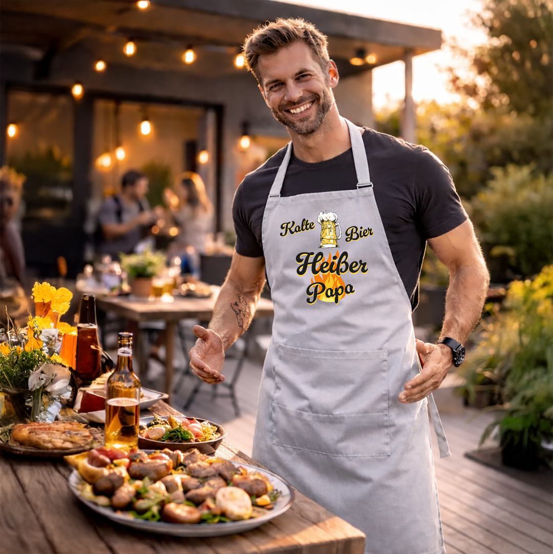 Grillschürze „Kalte Bier, heißer Papa“ – Lustige BBQ Schürze | Perfektes Geschenk für Vatertag & Grillmeister