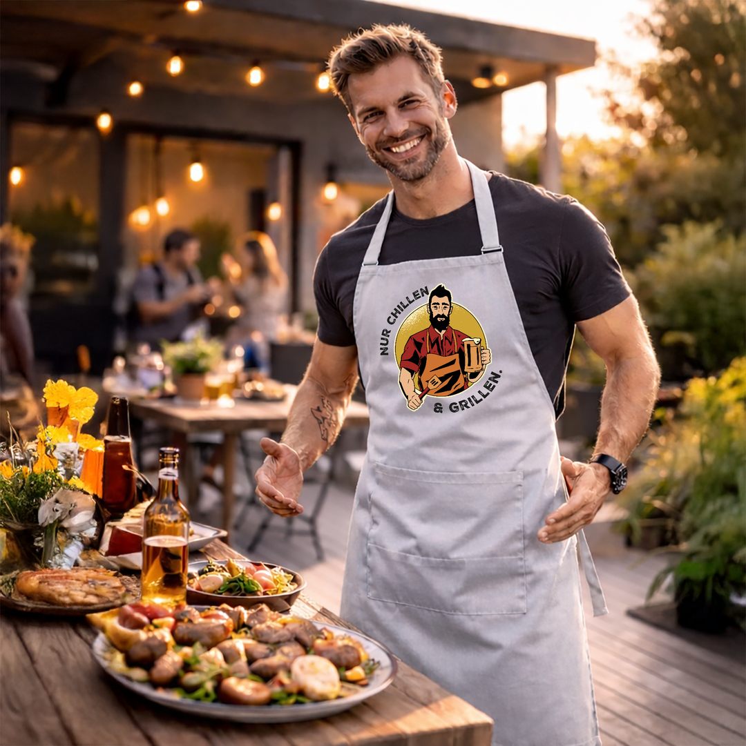Grillschürze „Nur chillen und grillen“ – Lustige BBQ Schürze für Männer | Perfektes Geschenk für Grillfans