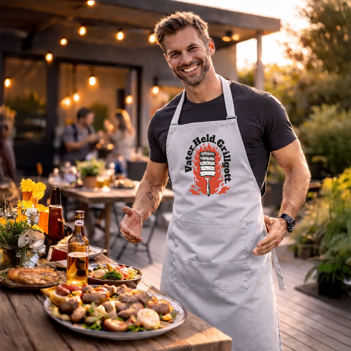Grillschürze „Grillgott“ – Lustige BBQ Schürze für Männer | Perfektes Geschenk für Grillmeister & Vatertag