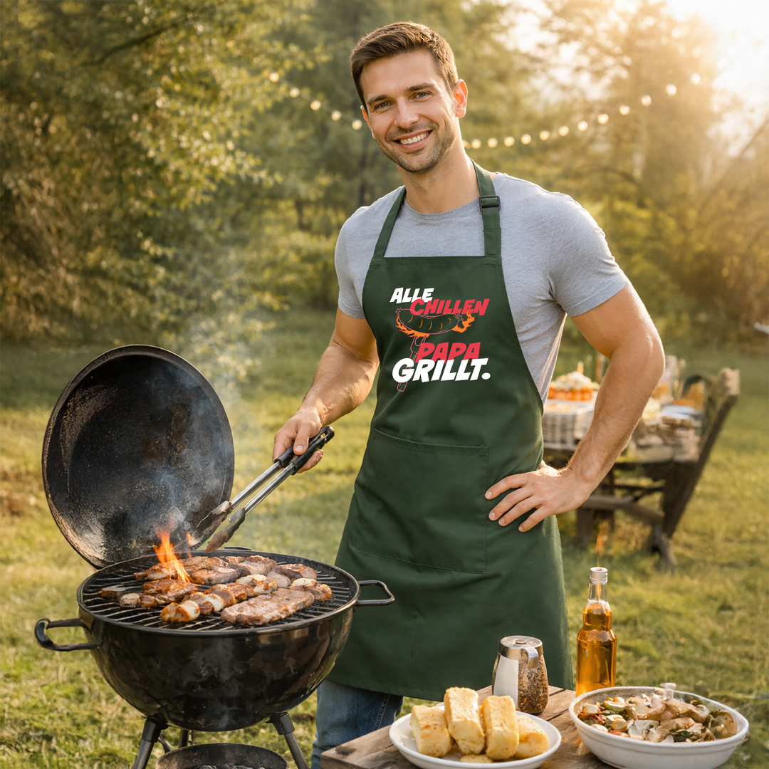 Grillschürze „Alle chillen, Papa grillt“ – Lustige Kochschürze für Männer | Perfektes Geschenk für Vatertag & BBQ