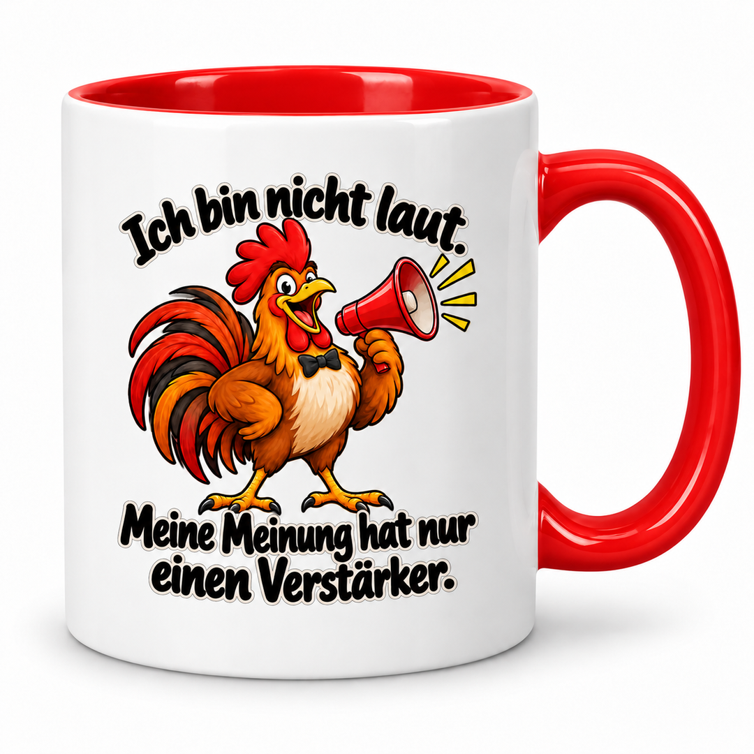 Hahn-Tasse „Meine Meinung hat einen Verstärker“ – Rot