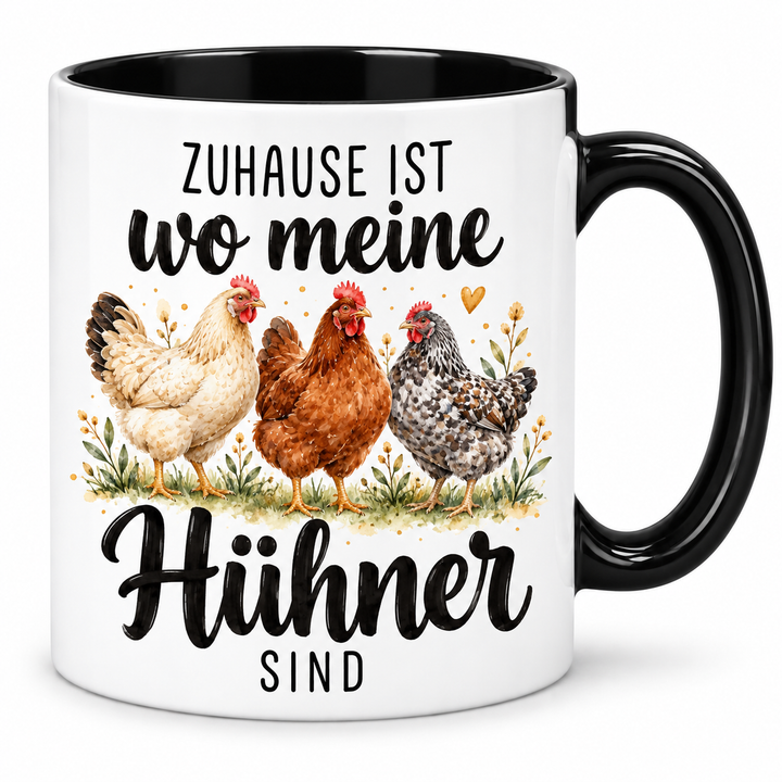 Hühner-Tasse Zuhause ist wo meine Hühner sind – schwarz