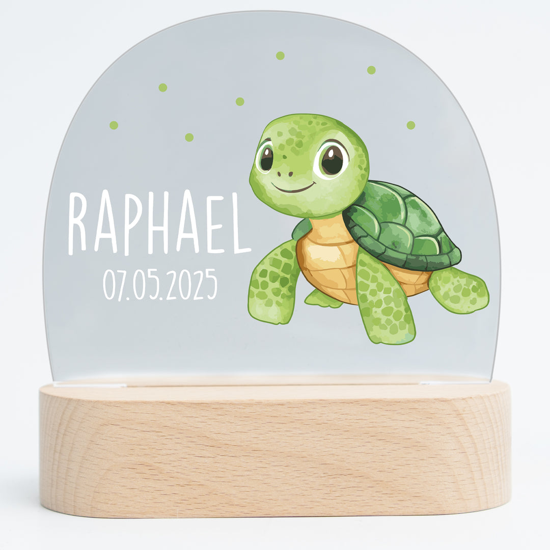 Personalisierte LED-Nachtlampe – Schildkröte mit Name | Kinderzimmerlampe mit 3 Sockeloptionen