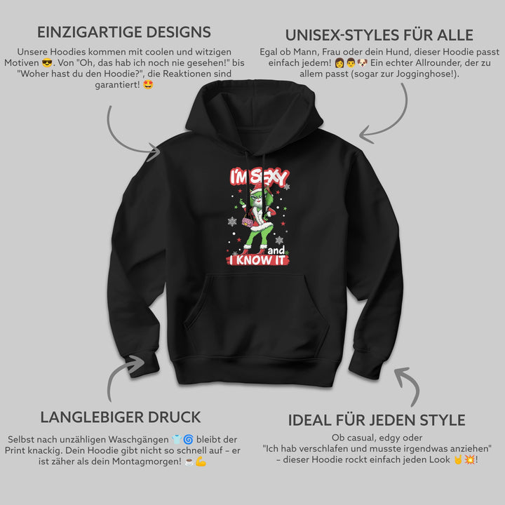 I'm Sexy and I Know It Hoodie – Lustiges Design mit cooler grüner Katze | Humorvolles Geschenk für Katzen-Fans