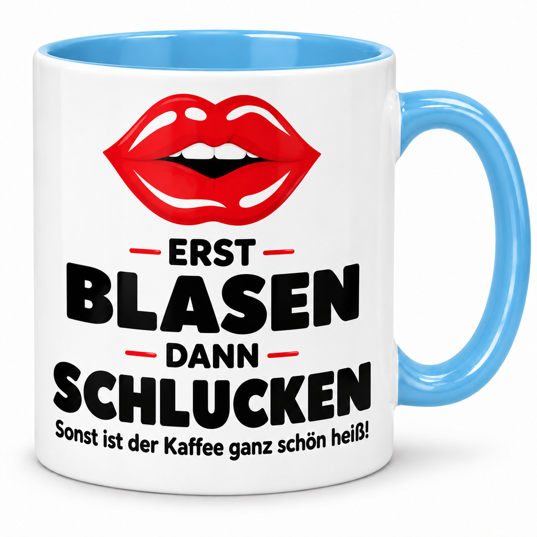 Kussmund-Tasse Erst blasen, dann schlucken – blau