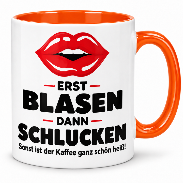 Kussmund-Tasse Erst blasen, dann schlucken – orange