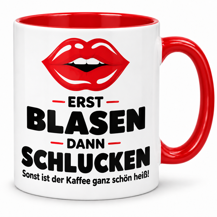 Kussmund-Tasse Erst blasen, dann schlucken – rot