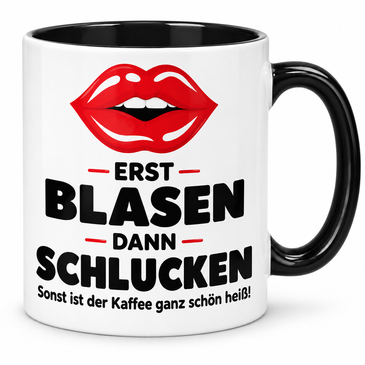Kussmund-Tasse Erst blasen, dann schlucken – schwarz