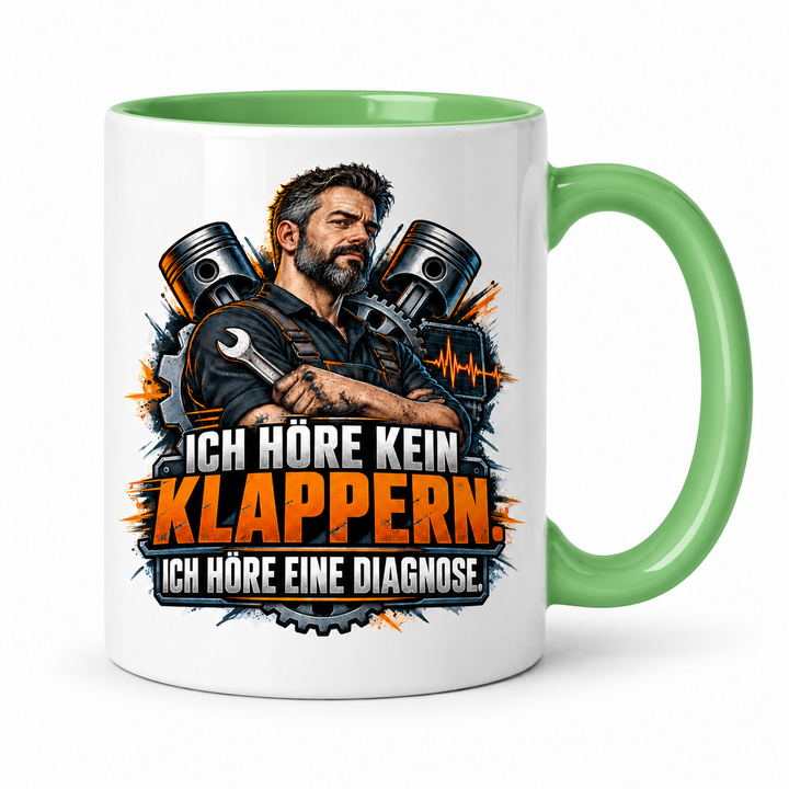 Mechaniker-Tasse mit grünem Innenbereich und Griff