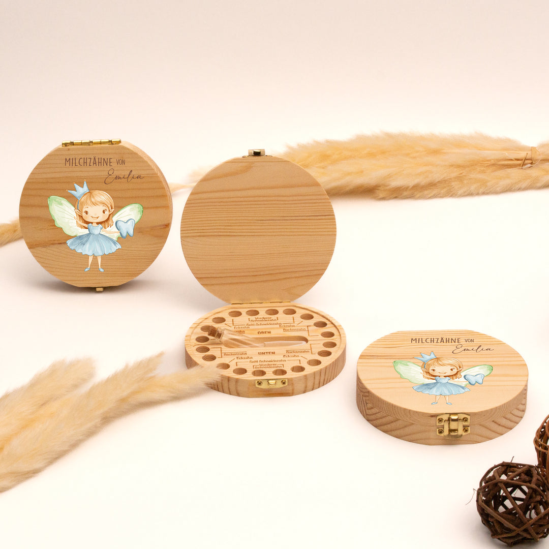 Personalisierte Zahndose mit Zahnfee & Zahn-Motiv | Magische Holzbox für Milchzähne | Geschenk zur Einschulung, Taufe & Zahnverlust