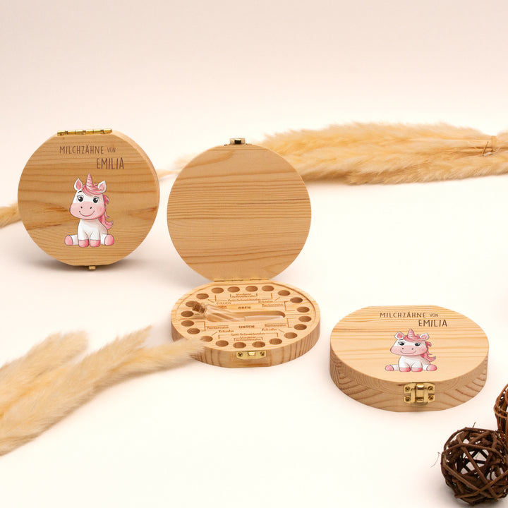Personalisierte Zahndose mit Einhornmotiv | Magische Holzbox für Milchzähne | Geschenk zur Taufe, Einschulung & Zahnfee