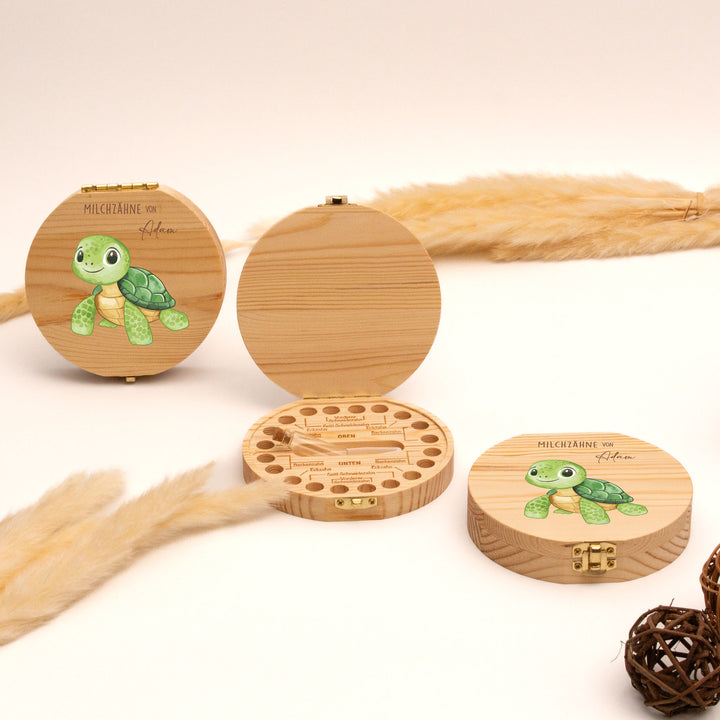 Personalisierte Zahndose mit Schildkrötenmotiv | Holzbox für Milchzähne | Geschenk zur Geburt, Taufe & Zahnfee