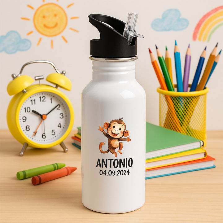 Edelstahl-Trinkflasche Kinder personalisiert – 600 ml mit Namen & Motiv – Trinkhalm & Klappdeckel – 20 Designs zur Auswahl