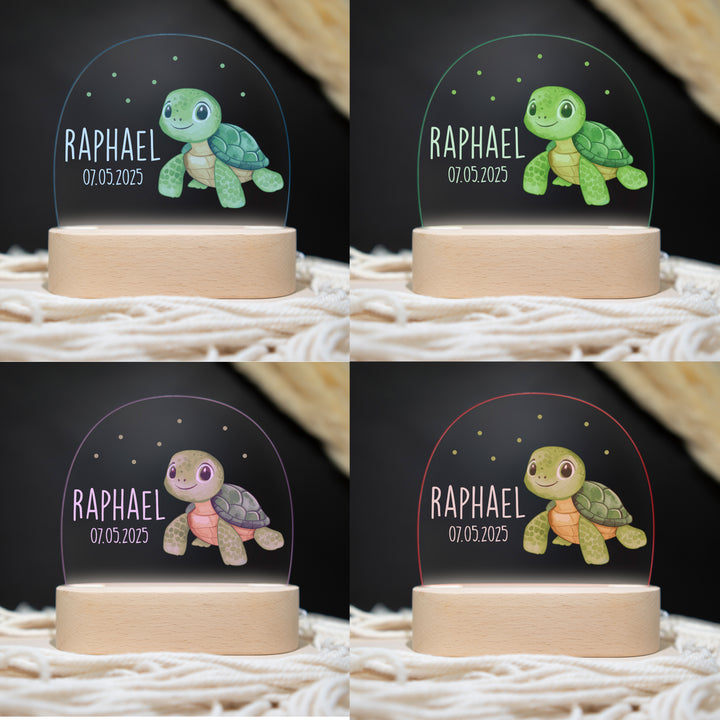 Personalisierte LED-Nachtlampe – Schildkröte mit Name | Kinderzimmerlampe mit 3 Sockeloptionen