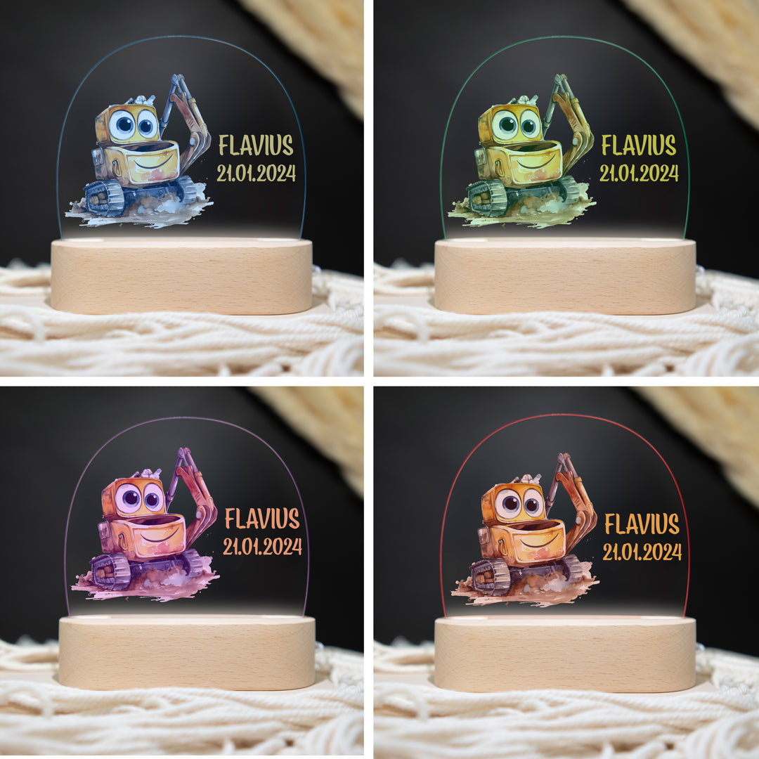 Personalisierte LED-Nachtlampe – Bagger mit Name (Motiv 2)