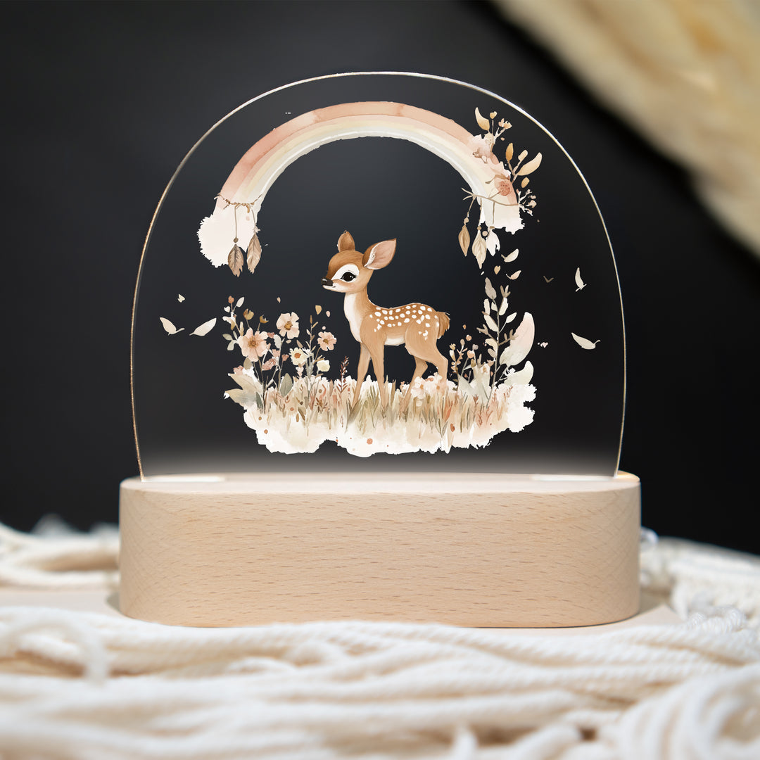 Personalisierte LED-Nachtlampe – Boho Reh mit Regenbogen & Name