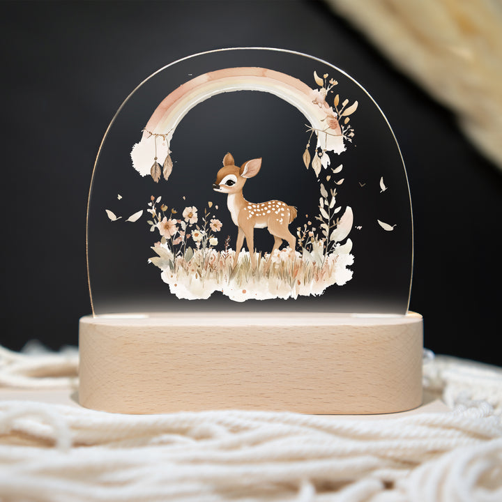 Personalisierte LED-Nachtlampe – Boho Reh mit Regenbogen & Name