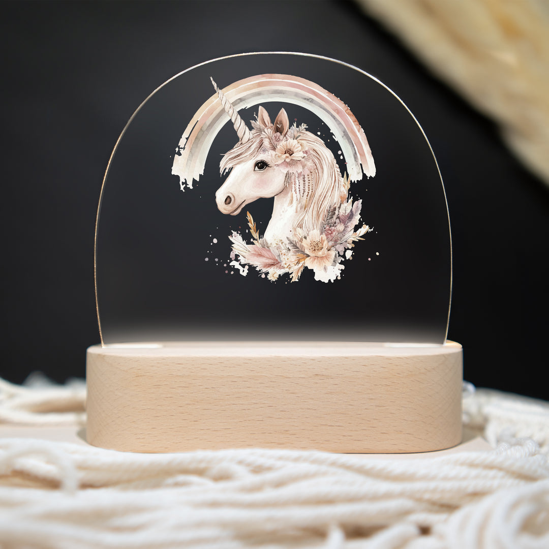 Personalisierte LED-Nachtlampe – Boho Einhorn mit Regenbogen & Name
