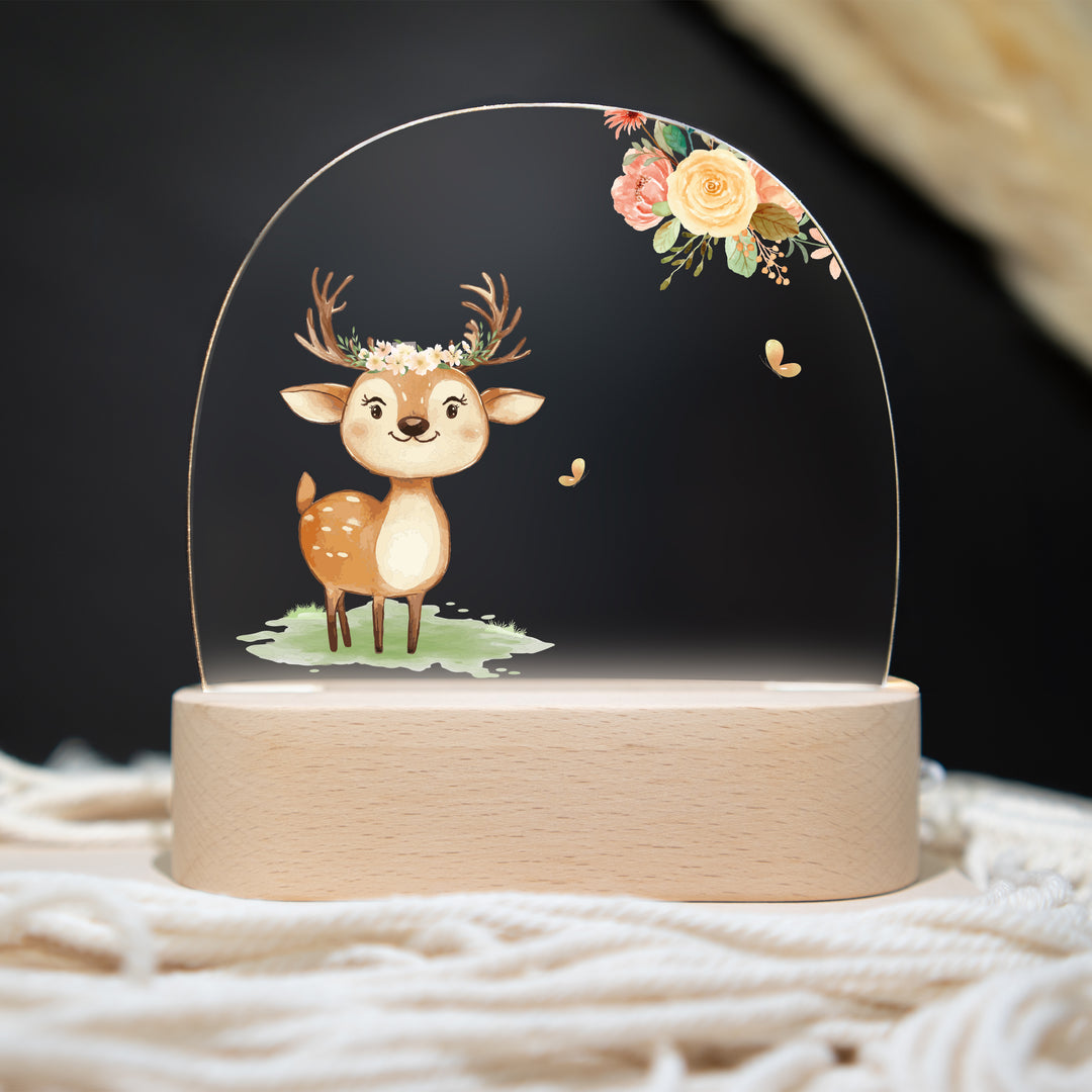 Personalisierte LED-Nachtlampe – Rehkind mit Blumenkranz & Name