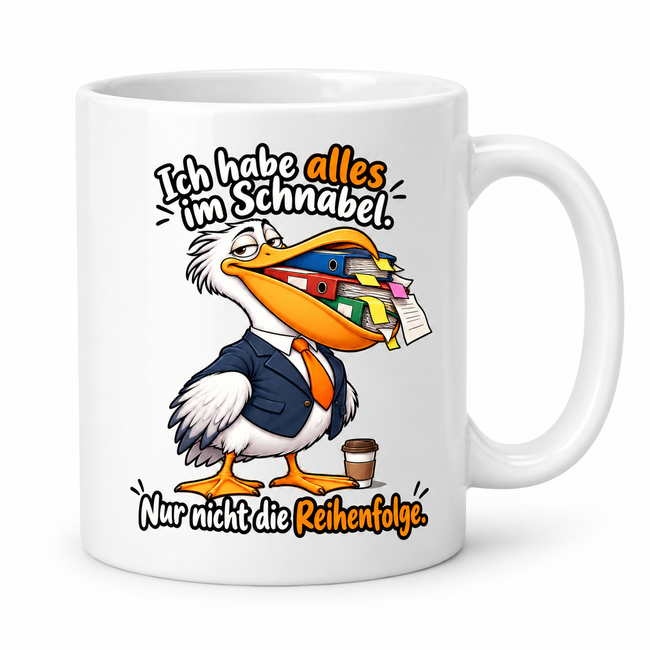 Lustige Pelikan-Tasse – Ich habe alles im Schnabel