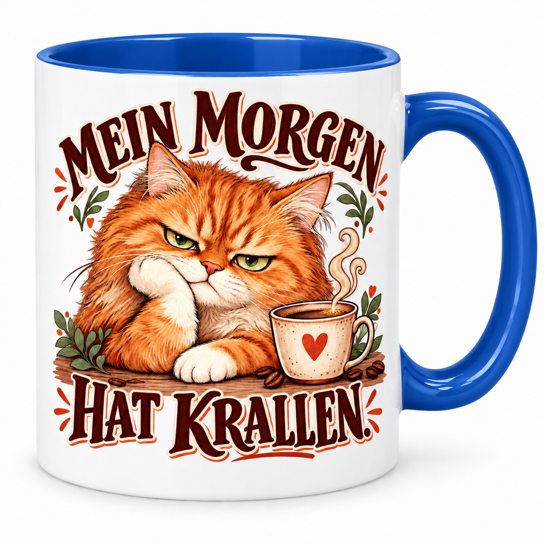 Katzentasse „Mein Morgen hat Krallen.“ – Blau, Vorderansicht