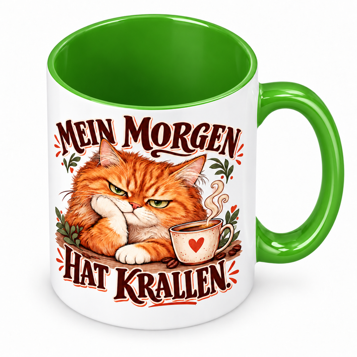 Katzentasse „Mein Morgen hat Krallen.“ – Grün, Ansicht von oben