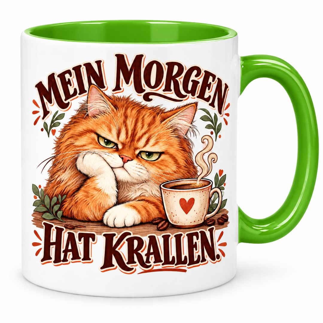 Katzentasse „Mein Morgen hat Krallen.“ – Grün, Vorderansicht