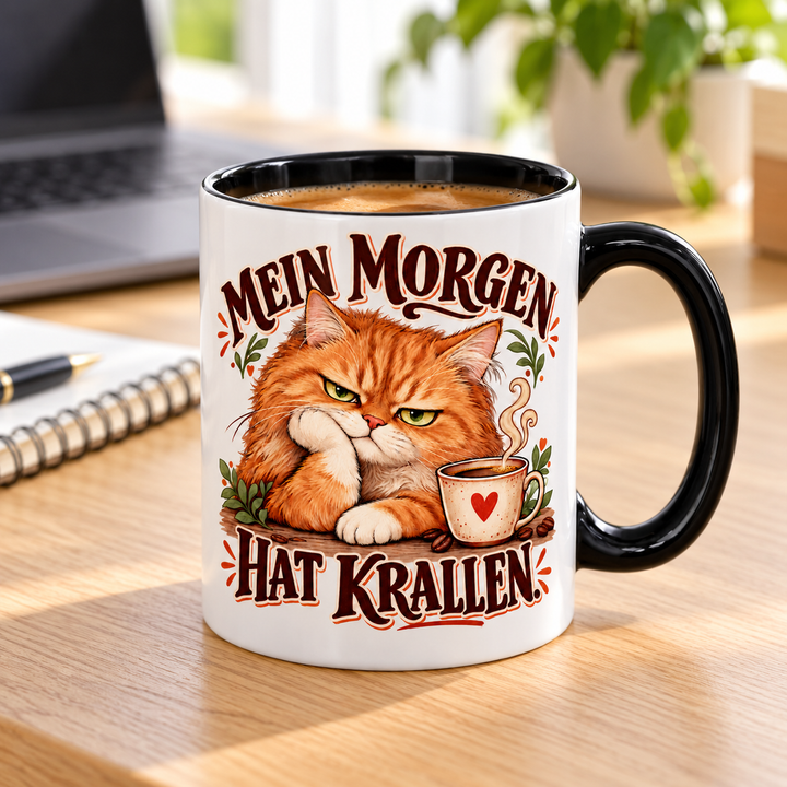 Katzentasse mit schwarzem Henkel auf dem Schreibtisch